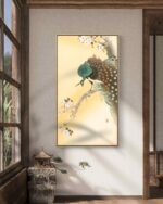 a traditional-style painting of a peacock perched on a branch of a blossoming tree