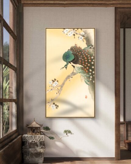 a traditional-style painting of a peacock perched on a branch of a blossoming tree