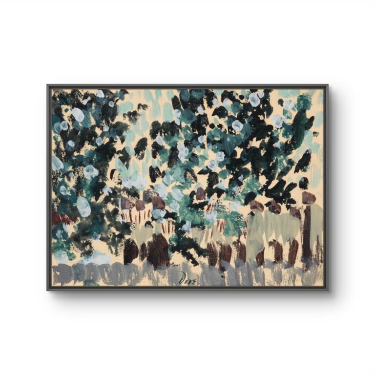 an abstract painting depicting a landscape scene