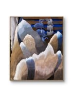 an abstract composition that features a blend of earthy tones alongside serene blues and whites