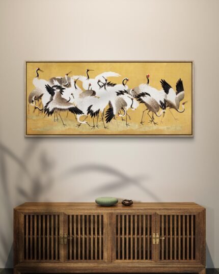 an elegant traditional-style painting of a group of cranes set against a warm golden background
