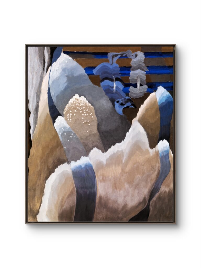 an abstract composition that features a blend of earthy tones alongside serene blues and whites