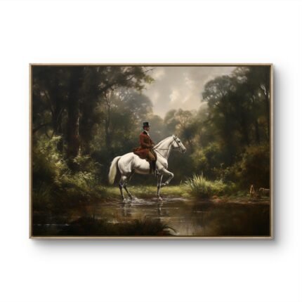 a horseback rider crossing a shallow stream in a dense forest.