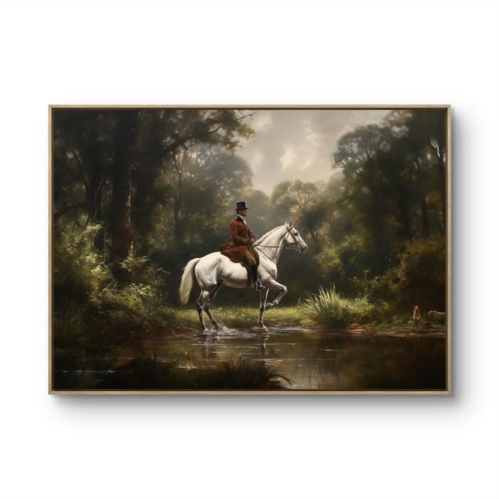 a horseback rider crossing a shallow stream in a dense forest.