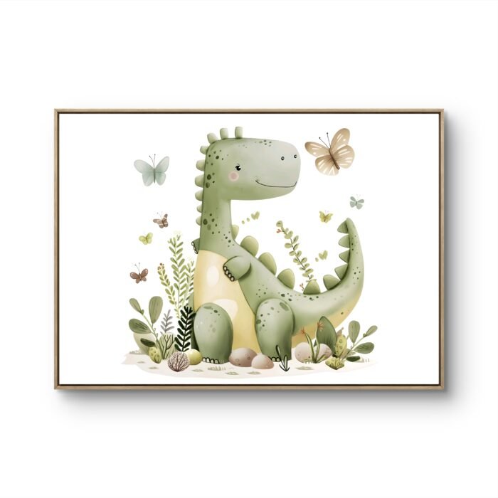 a cute, cartoonish green dinosaur surrounded by butterflies and greenery