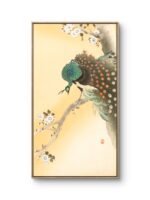 a traditional-style painting of a peacock perched on a branch of a blossoming tree