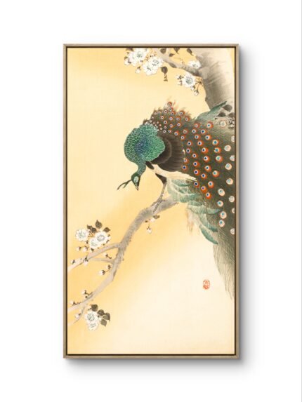 a traditional-style painting of a peacock perched on a branch of a blossoming tree