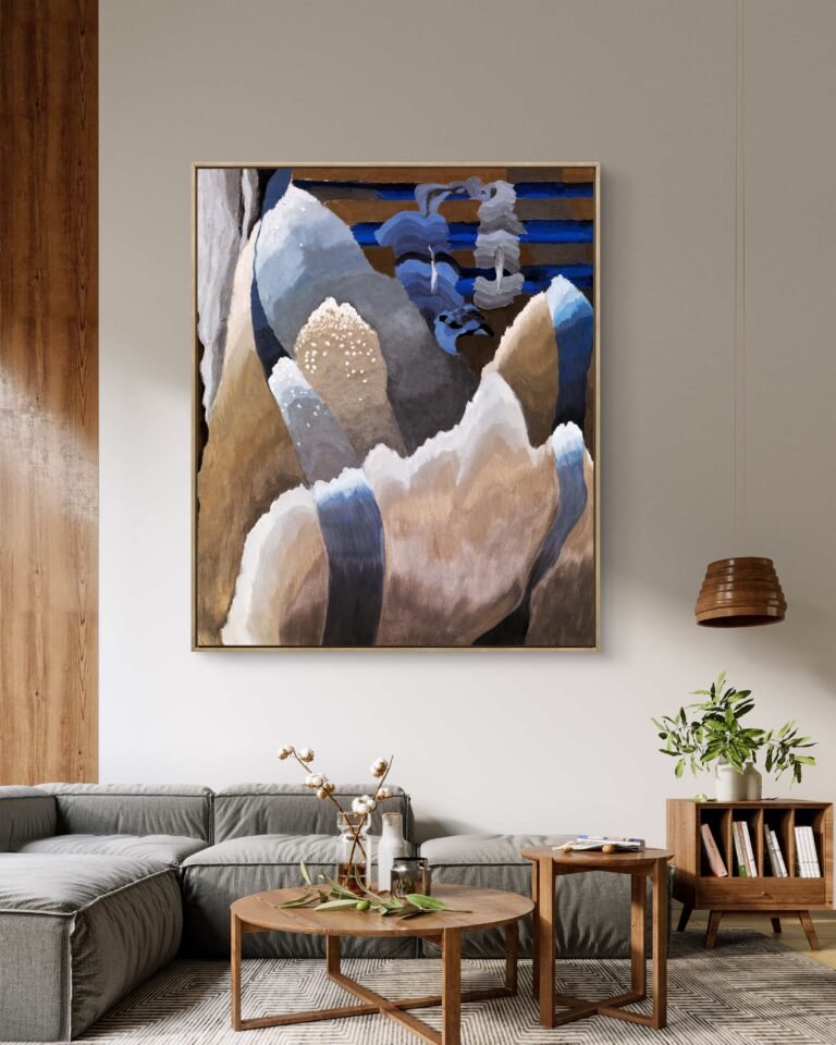 an abstract composition that features a blend of earthy tones alongside serene blues and whites