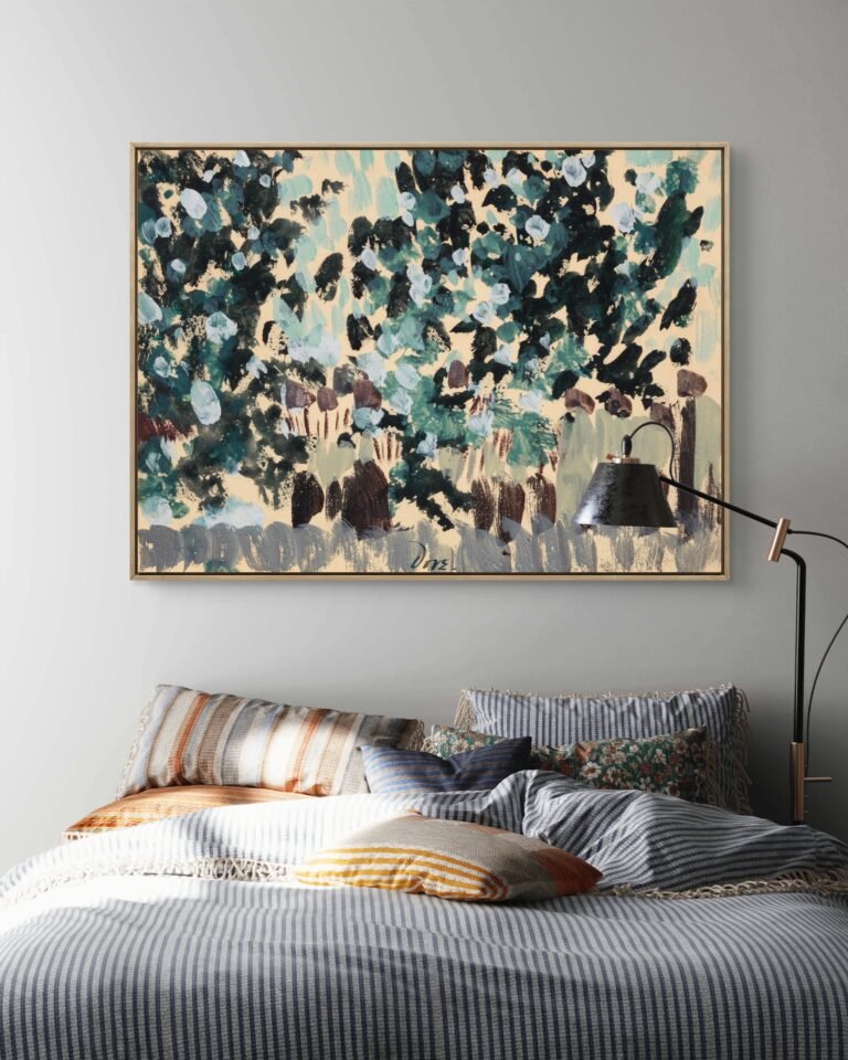 an abstract painting depicting a landscape scene