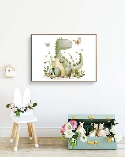 a cute, cartoonish green dinosaur surrounded by butterflies and greenery